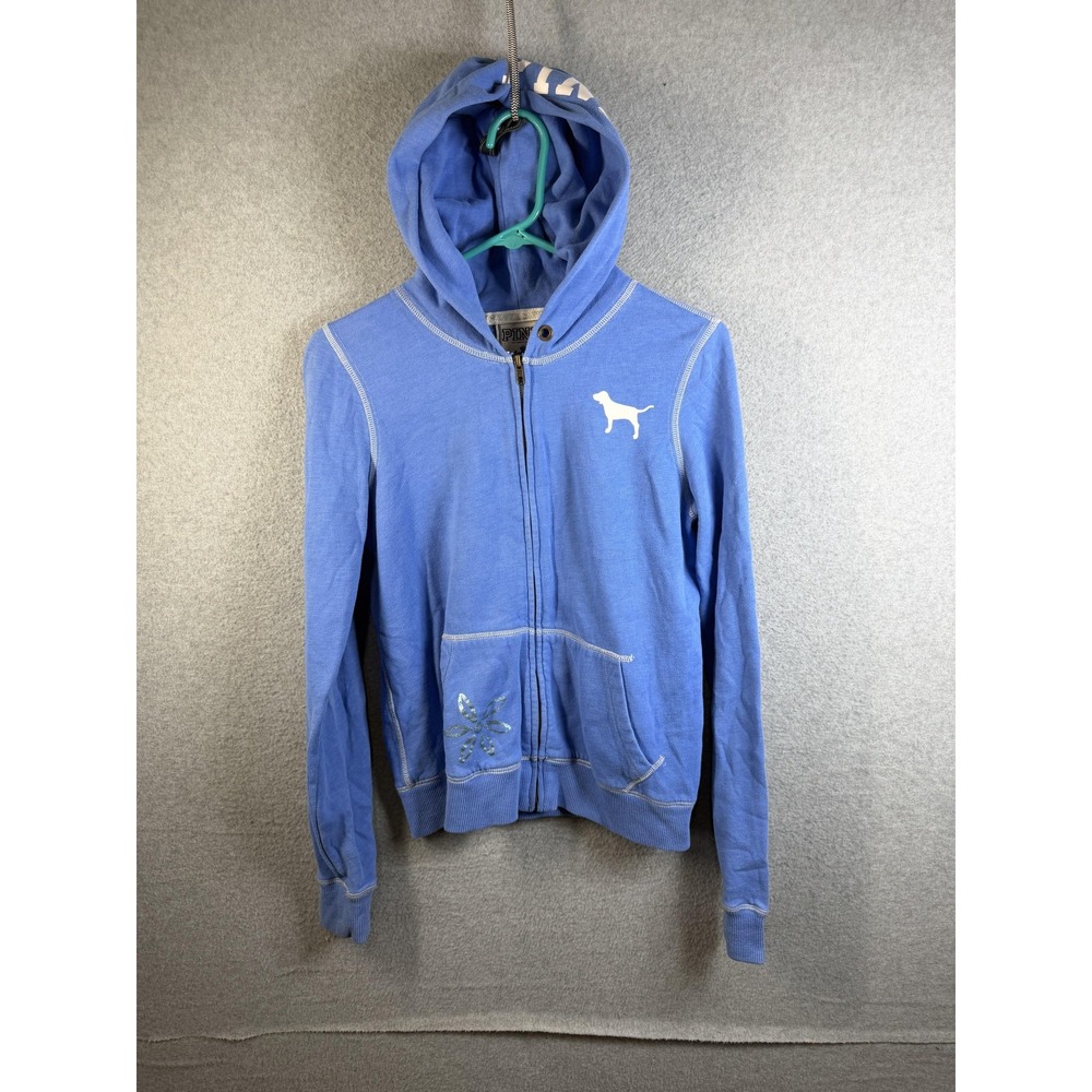 Victoria's Secret PINK Hoodie Womens Medium Blue Full Zip Love Pink Dog Studded
